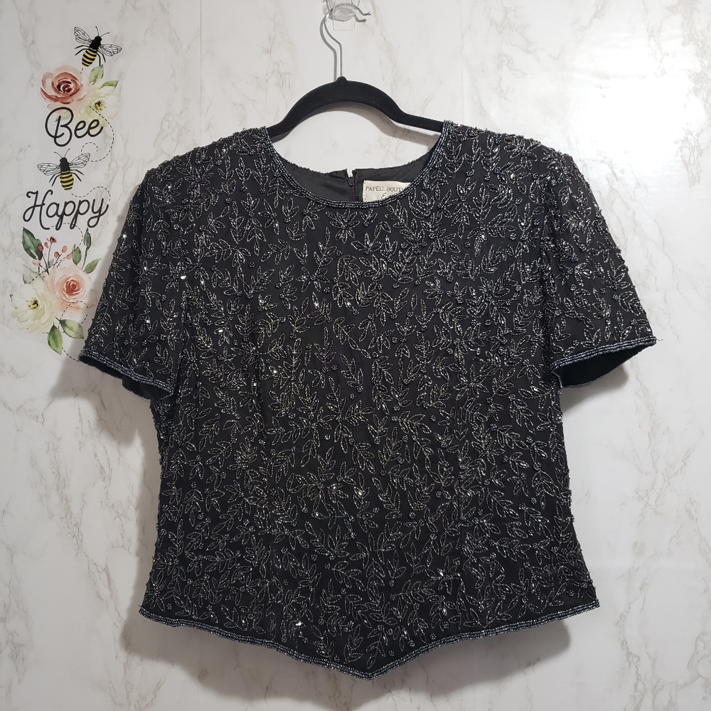 Papell Boutique Evening 100% Silk Beaded Blouse Size Large